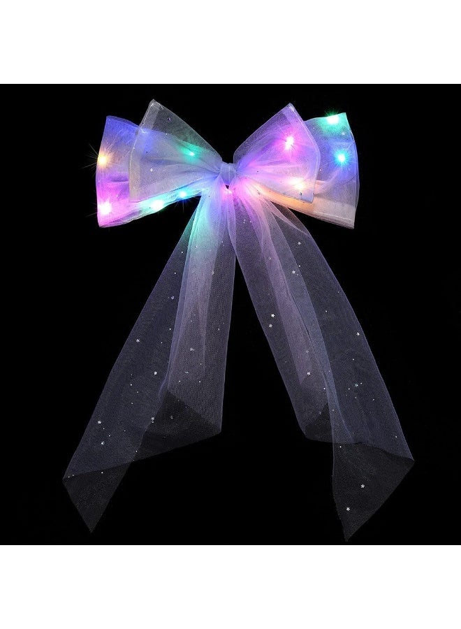 JEAIRTS Led Bow Clip Glowing Rainbow Veil Wedding Hair Piece Barrette Colorful Tulle Bow With Clips Bachelorette Party Hair Accessories For Women And Girls - Image 1
